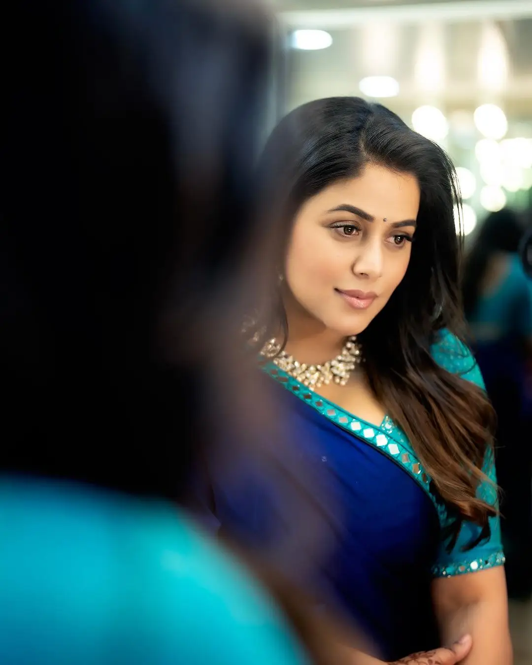 Telugu TV Actress Poorna in Beautiful Jewellery Blue Saree Blouse